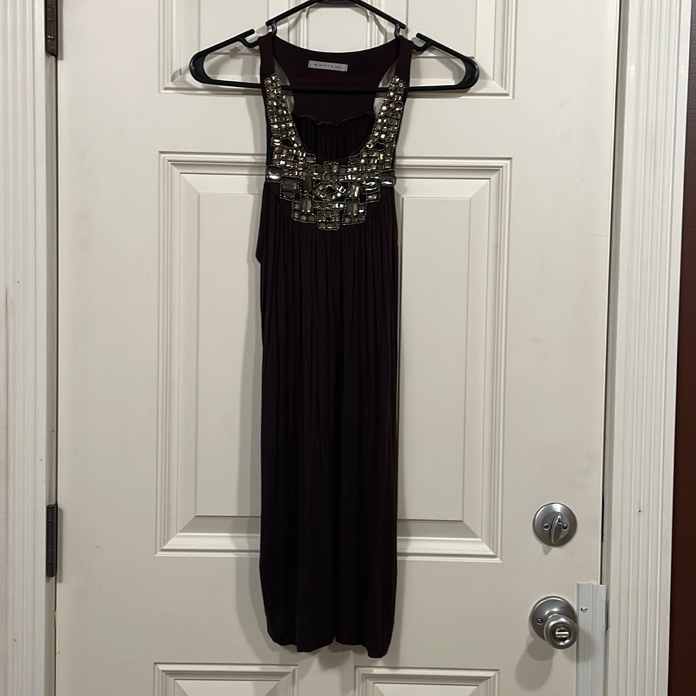 Jeweled brown tunic/mini dress with plastic gems, smoky golden quartz in shade